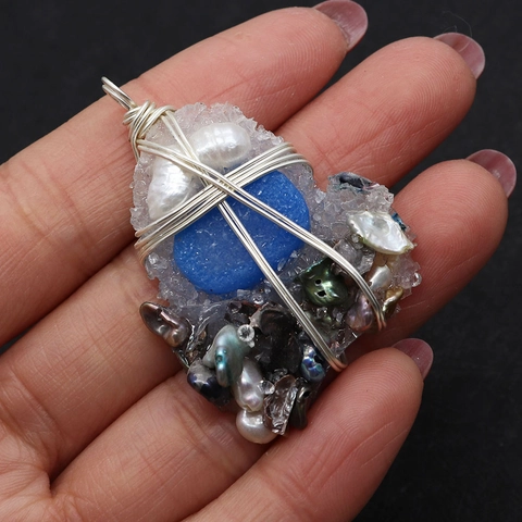 Handmade Wire Wrapped Natural Freshwater Pearl Resin Druzy Stone Pendant For Jewelry Making Bohemian Women Pendant Only