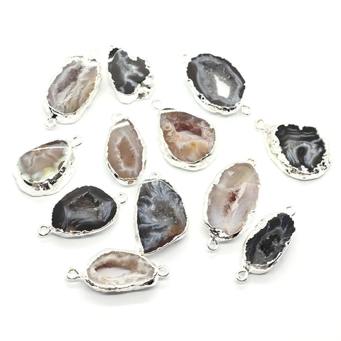 Natural Agate Druzy Geode Irregular Pendant Connector Silver Plated Alloy Edging For DIY Jewelry Making Necklaces Bracelets Findings