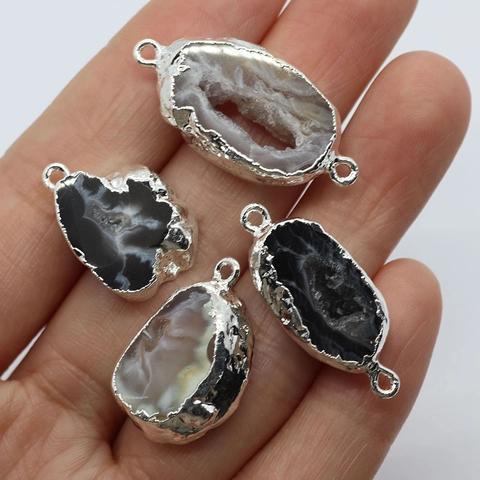 Natural Agate Druzy Geode Irregular Pendant Connector Silver Plated Alloy Edging For DIY Jewelry Making Necklaces Bracelets Findings