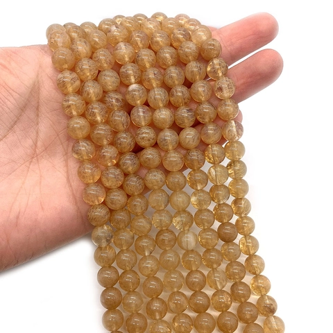 Natural Stone Round Loose Beads Yellow Watermelon Golden Rutilated Quartz Style Beads For DIY Jewelry Making Necklace