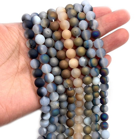 Natural Stone Round Beads Electroplated Agate Loose Beads For DIY Jewelry Making Matte Frosted Rainbow Coating Beads