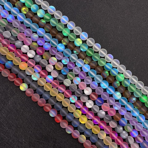 Frosted Aurora Synthetic Moonstone Loose Beads Polished Iridescent Round Glass Mermaid Beads For DIY Jewelry Crafting Accessories