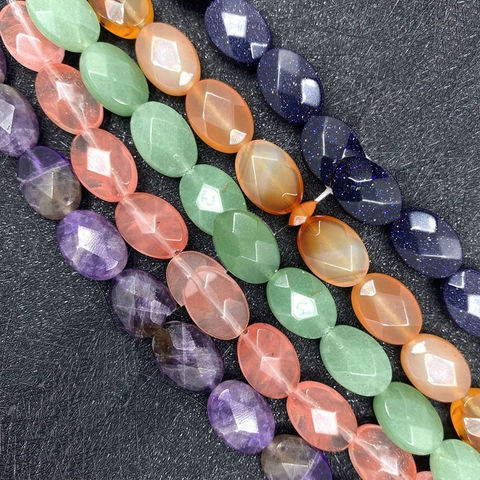 Faceted Natural Stone Oval Beads For DIY Jewelry Making Polished Semi Precious Gemstone Accessories Amethyst Agate Tiger Eye Loose Beads Strand