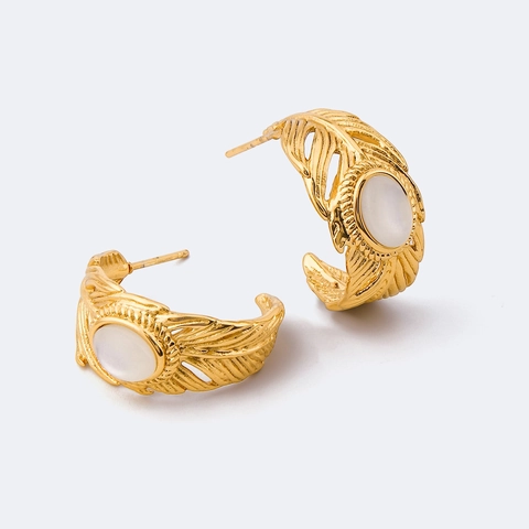Boucles d'Oreilles Clous en Acier Inoxydable Vintage Forme Feuille en C Pour Femmes Plaqué Or Motif Plume Pierre Blanche