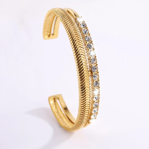 Stainless Steel Double Layer Open Bangle Gold Plated Rhinestone Herringbone Pattern Retro Vacation Fashion Cuff Bracelet