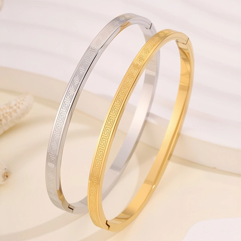 Minimalist Titanium Steel Greek Key Bangle For Women Gold Silver Plated Meander Pattern Stainless Steel Bracelet Jewelry