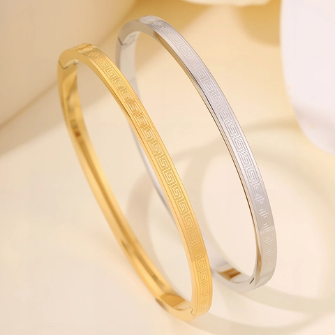 Minimalist Titanium Steel Greek Key Bangle For Women Gold Silver Plated Meander Pattern Stainless Steel Bracelet Jewelry