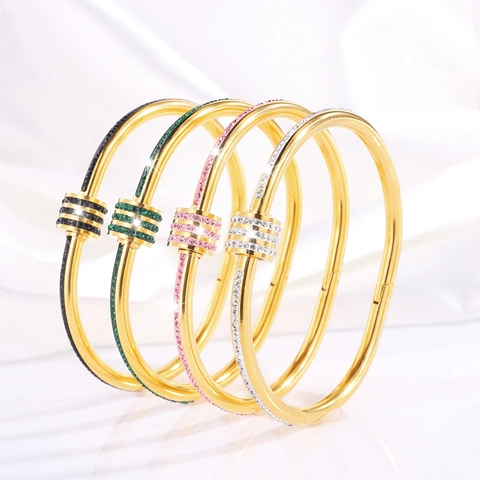Titanium Steel Rhinestone Cylindrical Three-Ring Bangle Luxury Full Crystal European Style Hinged Bracelet For Women Jewelry