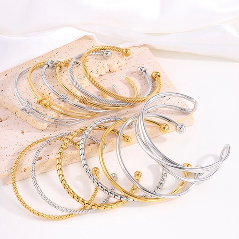 Brazalete Abierto de Acero Inoxidable para Mujer Trenzado Espiral Brazalete con Extremo de Bola Joyería Minimalista