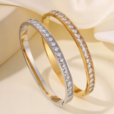 Luxus Edelstahl Quadratisch Moissanit Armreif Für Damen Mode Vergoldet Silber Zirkonia Reihe Eingelegt Armreif Schmuck Geschenk