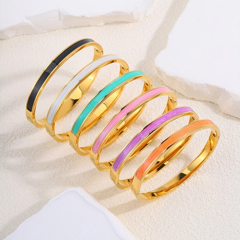 Bracelet Jonc en Acier Titane et Émail pour Femme Mode Européenne Plaqué Or 18K Luxe Minimaliste Coloré Bijoux Cadeau