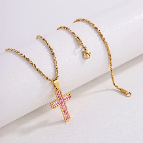 Edelstahl Kreuz Anhänger Halskette Gold Silber Gedrehte Seilkette Bunte Zirkonia Religiöse Mode Damen Schmuck