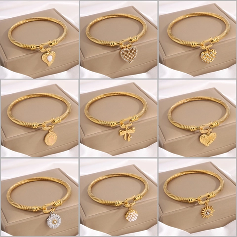 Bracelet Jonc en Acier Inoxydable Or Femmes Câble Torsadé Pendentif Cœur Soleil Marguerite Nœud Strass Boucle Fer à Cheval Bijoux