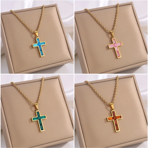 Edelstahl Kreuz Anhänger Halskette Gold Silber Gedrehte Seilkette Bunte Zirkonia Religiöse Mode Damen Schmuck