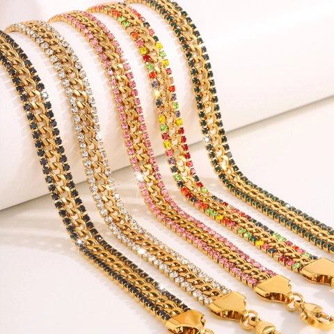 Bracelet Gourmette en Acier Inoxydable Plaqué Or 18K pour Femme avec Zircone Cubique Colorée Pavé Bijoux de Mode Cadeau
