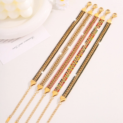 Bracelet Gourmette en Acier Inoxydable Plaqué Or 18K pour Femme avec Zircone Cubique Colorée Pavé Bijoux de Mode Cadeau