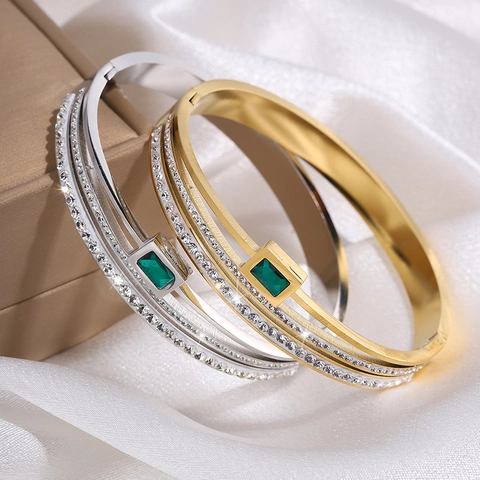 Triple Layer Titanium Steel Bangle For Women Inlaid Rhinestone Emerald Green Gemstone Square Charm Stainless Steel Bracelet Jewelry