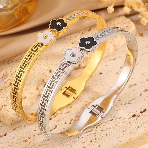 Stainless Steel Flower Bangle For Women Gold Silver Plated Greek Key Meander Pattern Zirconia Enamel Bracelet Gift