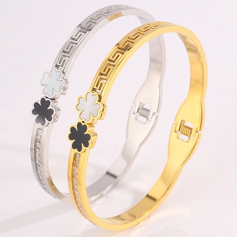 Titanium Steel Four Leaf Clover Bangle For Women Gold Silver Plated Shell Zirconia Meander Pattern Fashion Jewelry Bangle