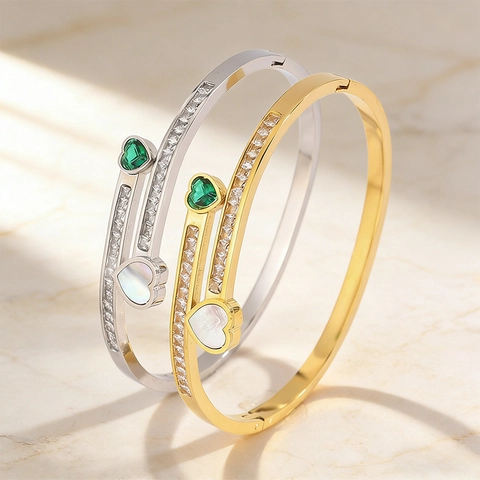 Bracelet en Acier Inoxydable Cœur Émeraude et Pavé de Zirconium pour Femme Or Argent Cœur en Nacre Bijoux