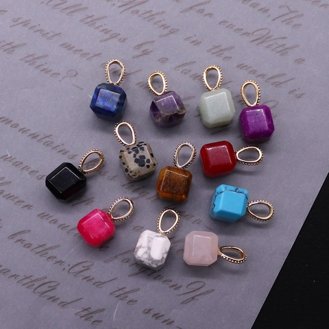 Natural Stone Cube Square Pendant With Copper Beaded Ring Charm For DIY Jewelry Making Necklace Accessories Rose Quartz Amethyst Lapis Lazuli Tiger Eye For Women