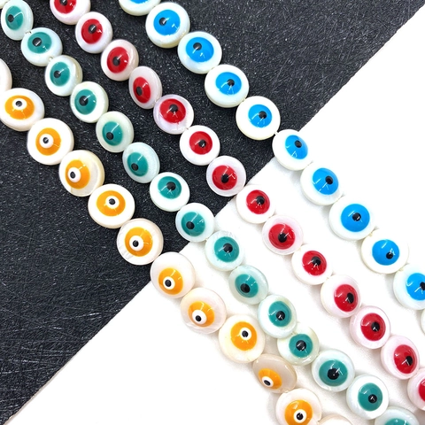 Natural Shell Evil Eye Beads 9mm Round Mother Of Pearl Loose Beads For DIY Jewelry Making Necklace Bracelet 44 Pieces Per Strand