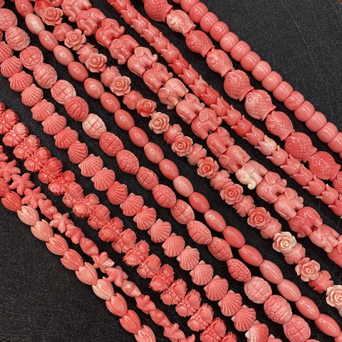 Vintage Synthetic Coral Beads For DIY Jewelry Making Carved Flower Animal Starfish Heart Pink Loose Beads Baroque Style Accessories