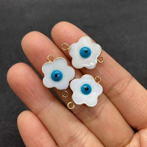 Natural Freshwater Shell Five Petal Flower Evil Eye Pendant Connector Gold Plated Copper Link For DIY Jewelry Making Necklace