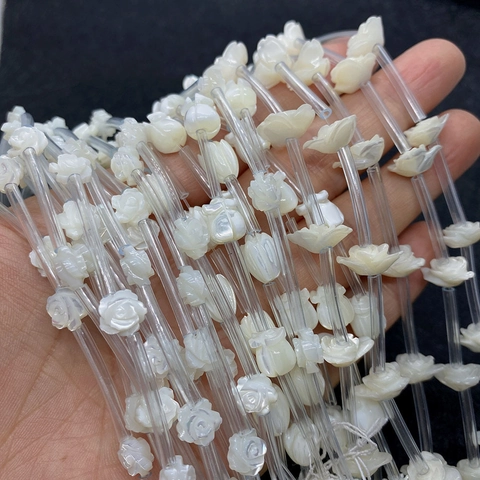 Natural White Sea Shell Loose Beads Flower Carved Lily Of The Valley Tulip Rose Drilled Beads For DIY Jewelry Making Accessories