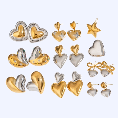 Boucles d'Oreilles Minimalistes en Acier Inoxydable Cœur Étoile Nœud pour Femmes Bicolore Or Argent Étanches Bijoux