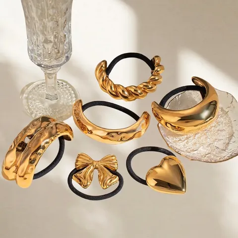 Edelstahl Gold Metall Haargummi Scrunchies Für Damen Geometrische Schleife Herz Lava Textur Ponytail Halter Mode Kopfschmuck