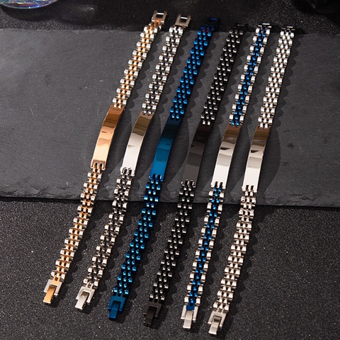 Stainless Steel Watch Band Style Chain Link Bracelet Unisex Polished Mirror Surface Rectangular Plate Bangle For Daily Wear