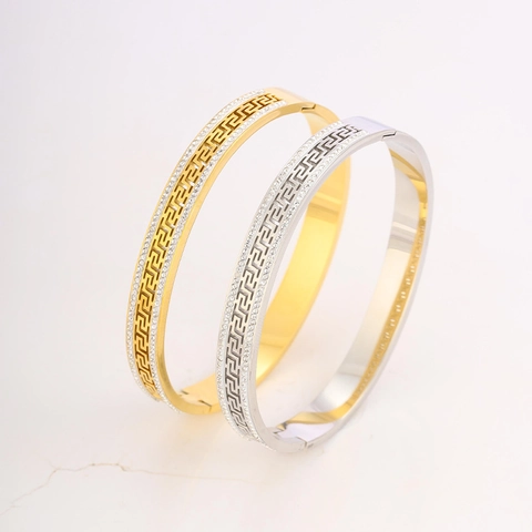 Vintage Stainless Steel Greek Key Meander Bangle For Women Gold Silver Rhinestone Inlaid Luxury Bracelet Jewelry