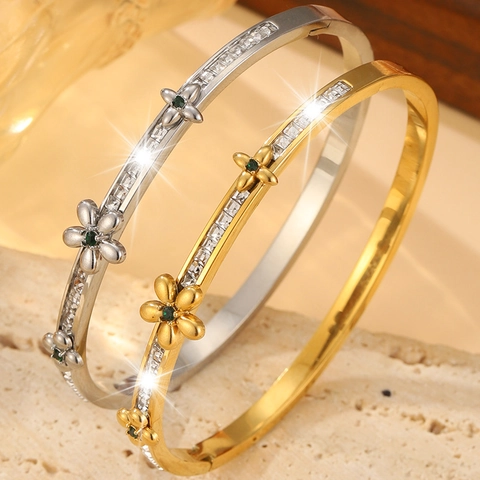 Stainless Steel Flower Bangle For Women Gold Silver Plated Zirconia Green Gemstone Inlaid Vintage Fashion Jewelry Bracelet