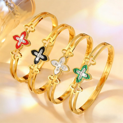 Women Titanium Steel Hollow Clover Bangle Gold Plated Rhinestone Inlaid Personalized Fashion Jewelry Non-Tarnish Elegant Bracelet