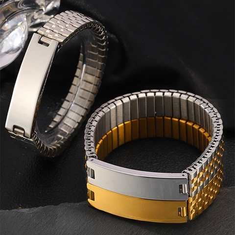 Heren Roestvrijstalen Elastische Horlogeband Stijl ID Armband Blanco Gepolijste Gebogen Plaat Rekbaar Sieraden Goud Zilver Tweekleurig Minimalistische Industriële Stijl