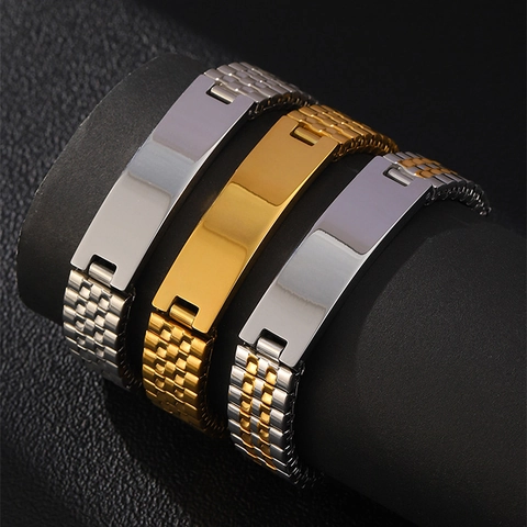 Heren Roestvrijstalen Elastische Horlogeband Stijl ID Armband Blanco Gepolijste Gebogen Plaat Rekbaar Sieraden Goud Zilver Tweekleurig Minimalistische Industriële Stijl