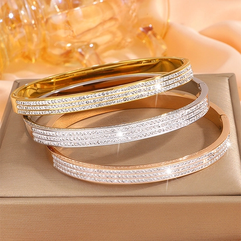 Moda Brazalete de Acero Inoxidable para Mujer Lujo Strass Pavé Redondo Oro Plata Oro Rosa Joyería Regalo