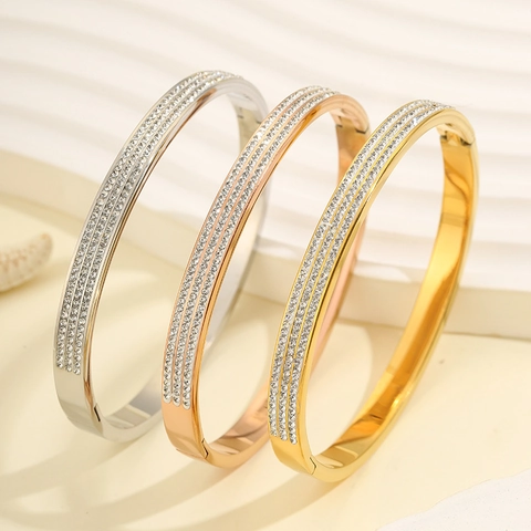 Moda Brazalete de Acero Inoxidable para Mujer Lujo Strass Pavé Redondo Oro Plata Oro Rosa Joyería Regalo