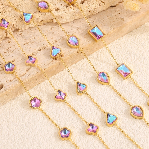 Bracelet Or Élégant en Acier Inoxydable Avec Breloques en Zirconium Iridescent Papillon Cœur Chaîne Réglable Bijou Femme