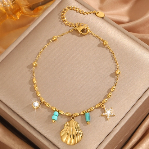 Bracelet Pendentif Étoile de Mer en Acier Inoxydable pour Femme Plaqué Or Argent Avec Perles Turquoise Bijoux d'Été de Plage Cadeau