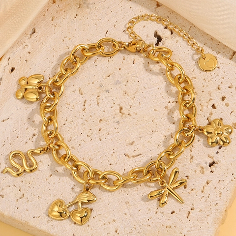 Pulsera de Dijes de Acero Inoxidable de Moda para Mujer Mariposa Serpiente Libélula Flor Corazón Colgante Joyería Regalo