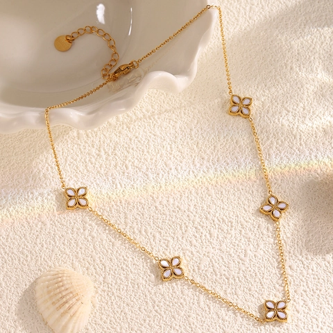 Collar de Trébol de Cuatro Hojas de Acero Inoxidable de Lujo para Mujer Chapado en Oro con Nácar Blanco Joyería