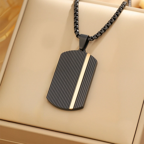 Men's Stainless Steel Black Dog Tag Necklace Gold Striped Industrial Style Pendant Necklace For Teens Men Fashion Jewelry Gift