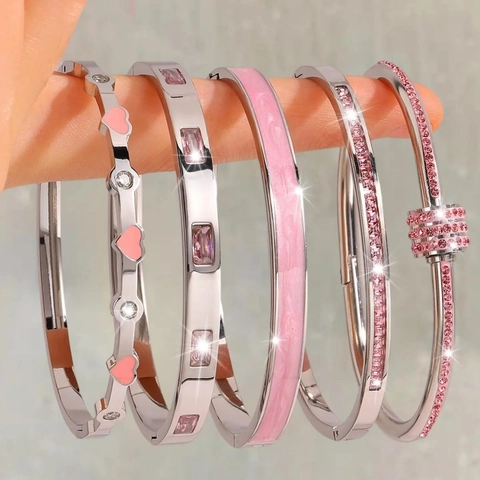 Ensemble de Bracelets en Acier Inoxydable pour Femme Cœur Émail Strass Incrusté Bijoux de Mode Or Argent Rose Noir