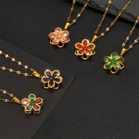 Luxury Stainless Steel Rotating Five Petal Flower Zirconia Pendant Necklace Gold Plated Clavicle Chain Jewelry For Women