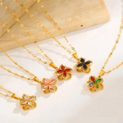 Titanium Steel Rotating Flower Necklace For Women Gold Plated Clover Rhinestone Pendant Clavicle Chain Chic Minimalist Jewelry