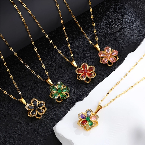Luxury Stainless Steel Rotating Five Petal Flower Zirconia Pendant Necklace Gold Plated Clavicle Chain Jewelry For Women