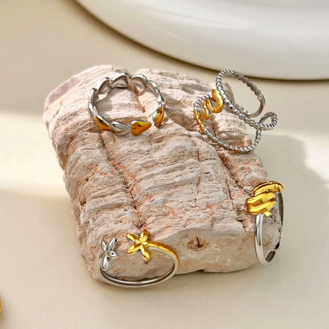 Bagues Réglables en Acier Inoxydable Bicolore Or Argent pour Femme Cœur Fleur Serpent Nœud Bijoux Géométriques à la Mode
