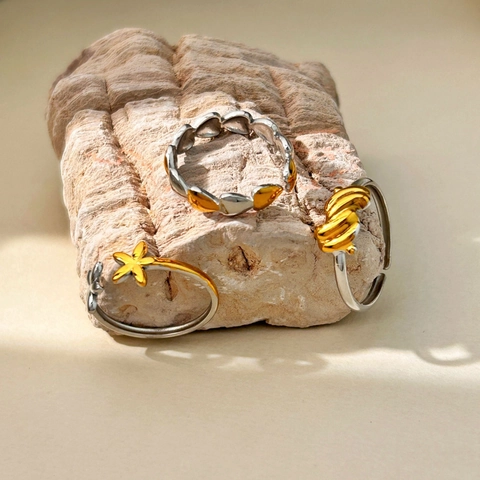 Bagues Réglables en Acier Inoxydable Bicolore Or Argent pour Femme Cœur Fleur Serpent Nœud Bijoux Géométriques à la Mode